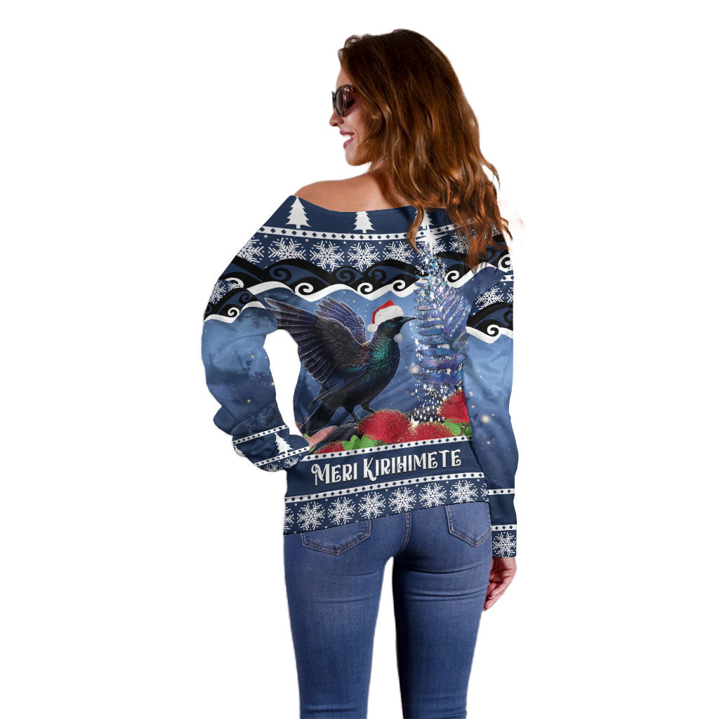 New Zealand Tui Bird Christmas Off Shoulder Sweater Pohutukawa Xmas Tree Meri Kirihimete