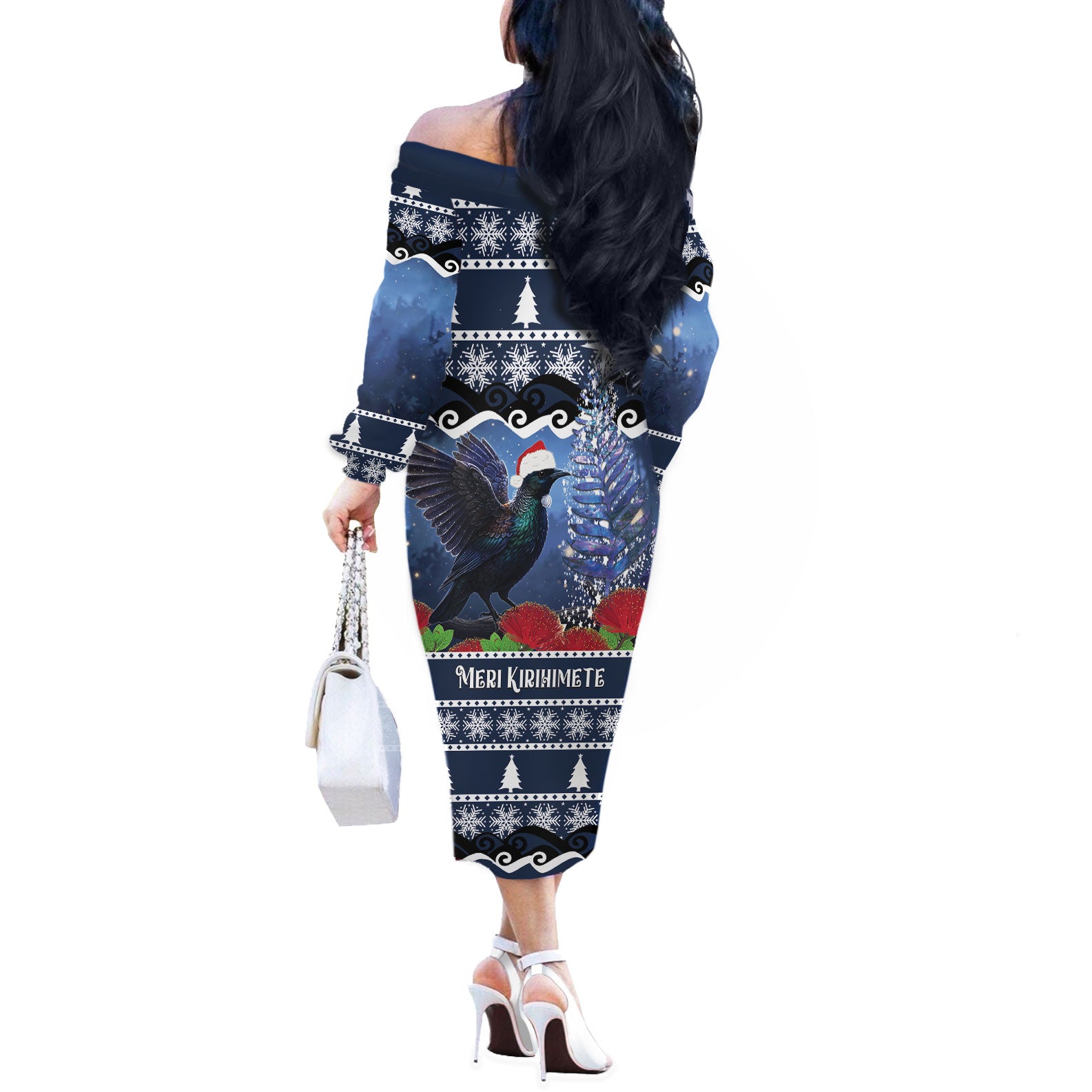 New Zealand Tui Bird Christmas Off The Shoulder Long Sleeve Dress Pohutukawa Xmas Tree Meri Kirihimete