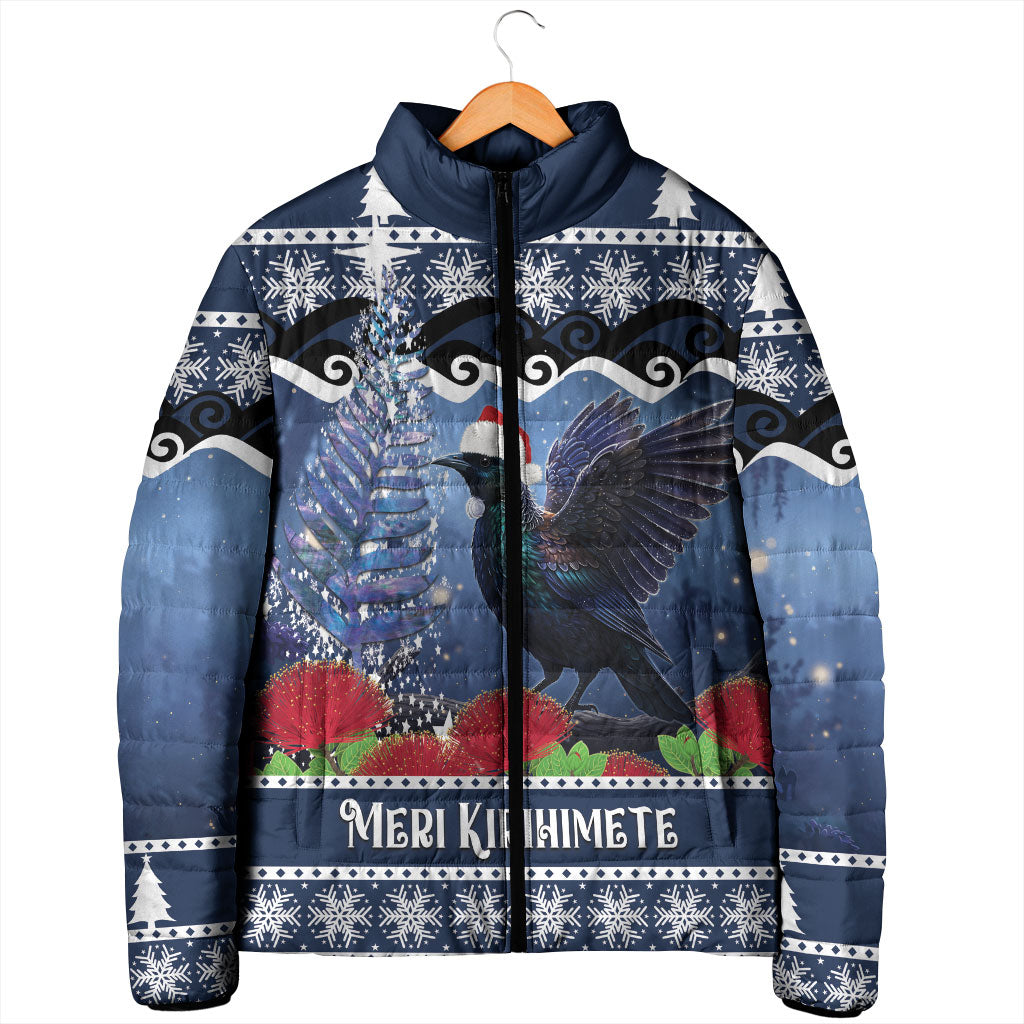 New Zealand Tui Bird Christmas Padded Jacket Pohutukawa Xmas Tree Meri Kirihimete