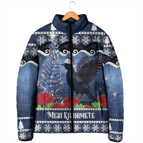 New Zealand Tui Bird Christmas Padded Jacket Pohutukawa Xmas Tree Meri Kirihimete