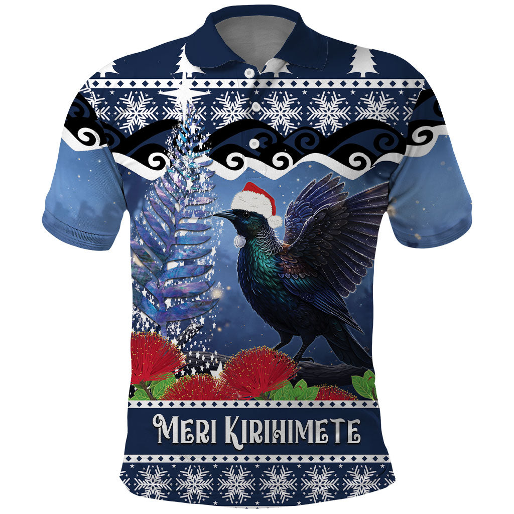 New Zealand Tui Bird Christmas Polo Shirt Pohutukawa Xmas Tree Meri Kirihimete