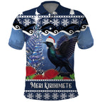 New Zealand Tui Bird Christmas Polo Shirt Pohutukawa Xmas Tree Meri Kirihimete