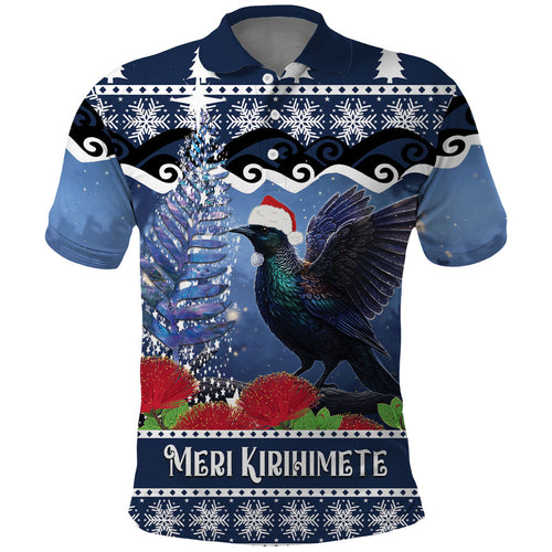 New Zealand Tui Bird Christmas Polo Shirt Pohutukawa Xmas Tree Meri Kirihimete