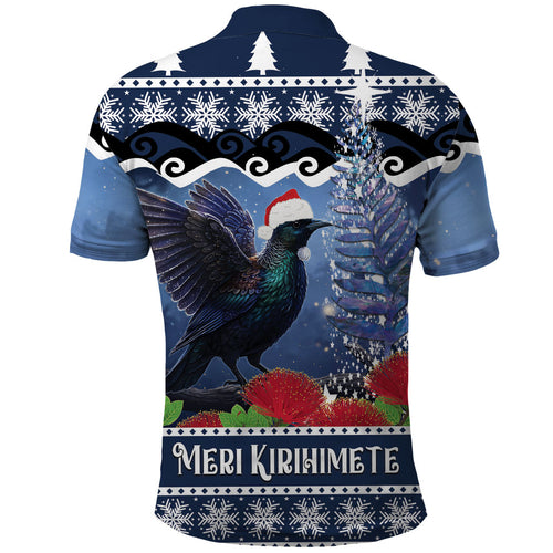New Zealand Tui Bird Christmas Polo Shirt Pohutukawa Xmas Tree Meri Kirihimete