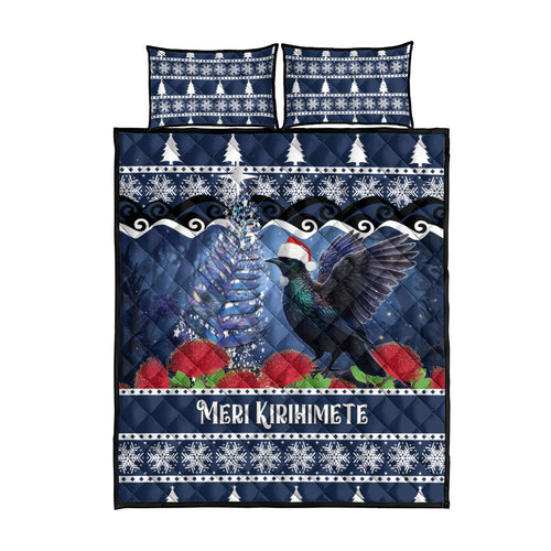 New Zealand Tui Bird Christmas Quilt Bed Set Pohutukawa Xmas Tree Meri Kirihimete