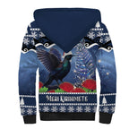 New Zealand Tui Bird Christmas Sherpa Hoodie Pohutukawa Xmas Tree Meri Kirihimete