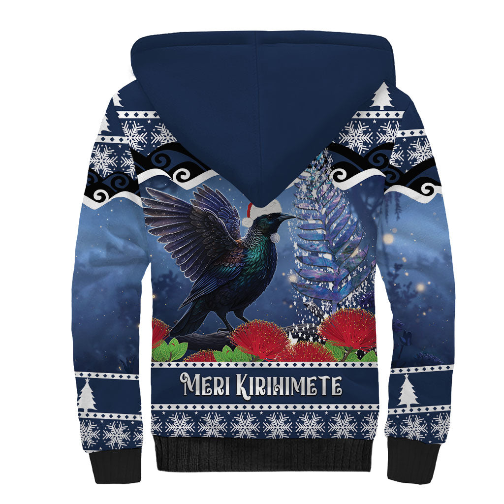 New Zealand Tui Bird Christmas Sherpa Hoodie Pohutukawa Xmas Tree Meri Kirihimete