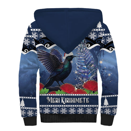 New Zealand Tui Bird Christmas Sherpa Hoodie Pohutukawa Xmas Tree Meri Kirihimete