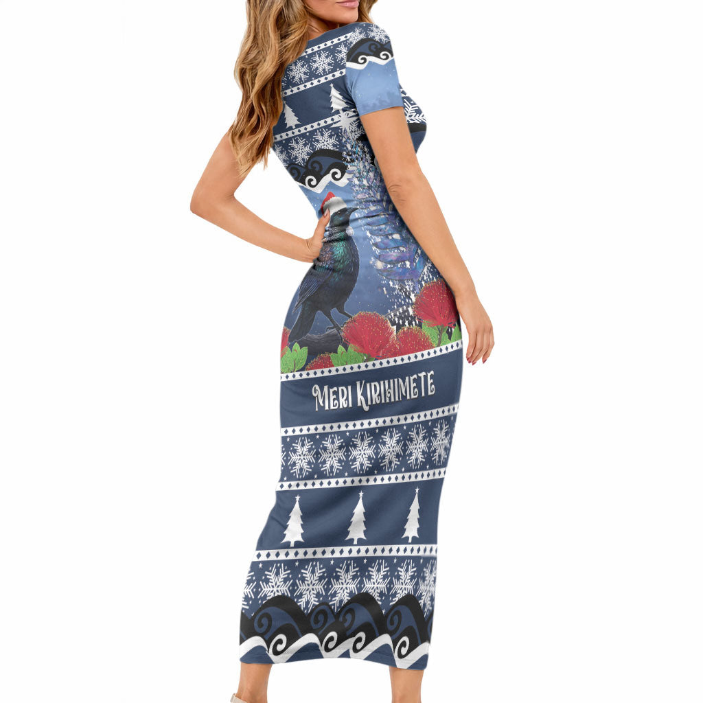 New Zealand Tui Bird Christmas Short Sleeve Bodycon Dress Pohutukawa Xmas Tree Meri Kirihimete LT22