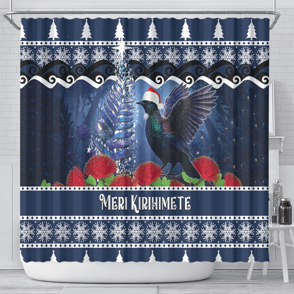 New Zealand Tui Bird Christmas Shower Curtain Pohutukawa Xmas Tree Meri Kirihimete