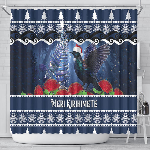 New Zealand Tui Bird Christmas Shower Curtain Pohutukawa Xmas Tree Meri Kirihimete