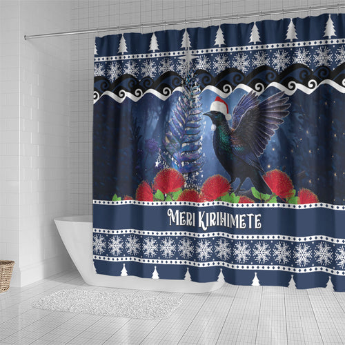 New Zealand Tui Bird Christmas Shower Curtain Pohutukawa Xmas Tree Meri Kirihimete