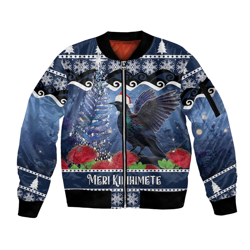 New Zealand Tui Bird Christmas Sleeve Zip Bomber Jacket Pohutukawa Xmas Tree Meri Kirihimete