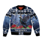 New Zealand Tui Bird Christmas Sleeve Zip Bomber Jacket Pohutukawa Xmas Tree Meri Kirihimete