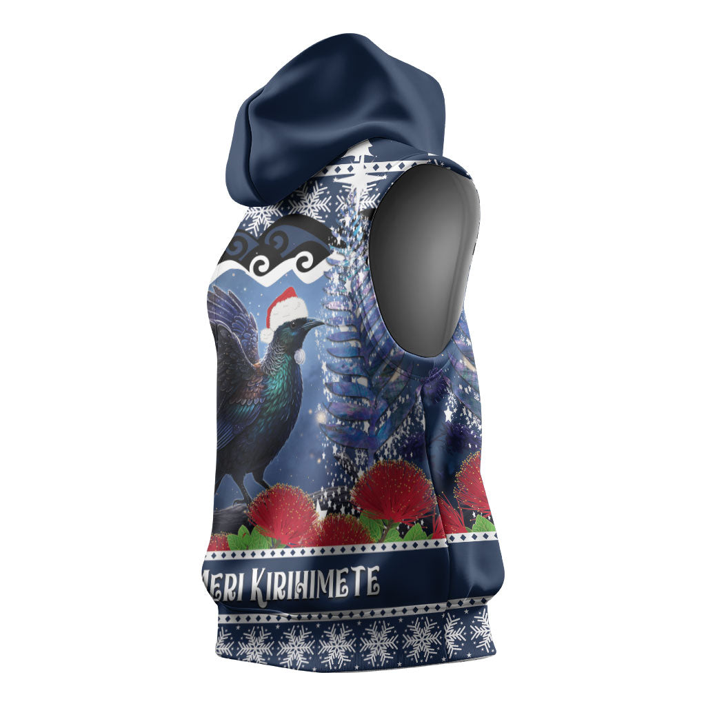 New Zealand Tui Bird Christmas Sleeveless Hoodie Pohutukawa Xmas Tree Meri Kirihimete