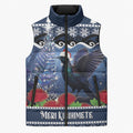 New Zealand Tui Bird Christmas Sleeveless Puffer Jacket Pohutukawa Xmas Tree Meri Kirihimete