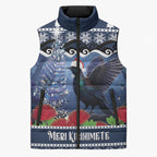 New Zealand Tui Bird Christmas Sleeveless Puffer Jacket Pohutukawa Xmas Tree Meri Kirihimete