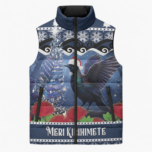 New Zealand Tui Bird Christmas Sleeveless Puffer Jacket Pohutukawa Xmas Tree Meri Kirihimete