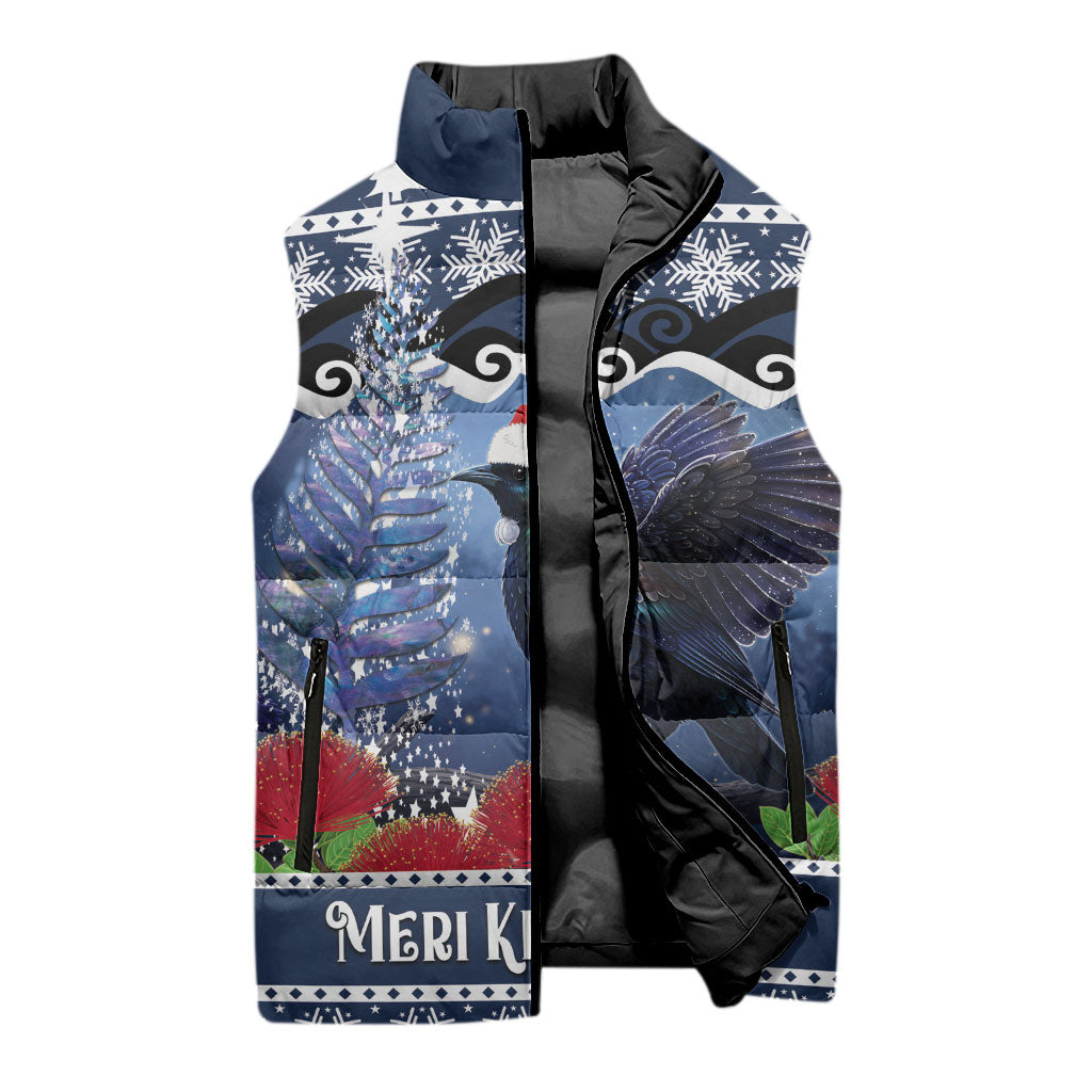 New Zealand Tui Bird Christmas Sleeveless Puffer Jacket Pohutukawa Xmas Tree Meri Kirihimete