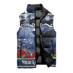 New Zealand Tui Bird Christmas Sleeveless Puffer Jacket Pohutukawa Xmas Tree Meri Kirihimete