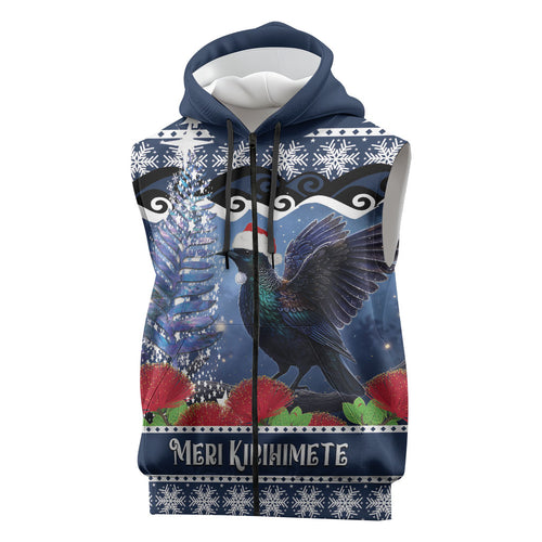 New Zealand Tui Bird Christmas Sleeveless Zip Hoodie Pohutukawa Xmas Tree Meri Kirihimete