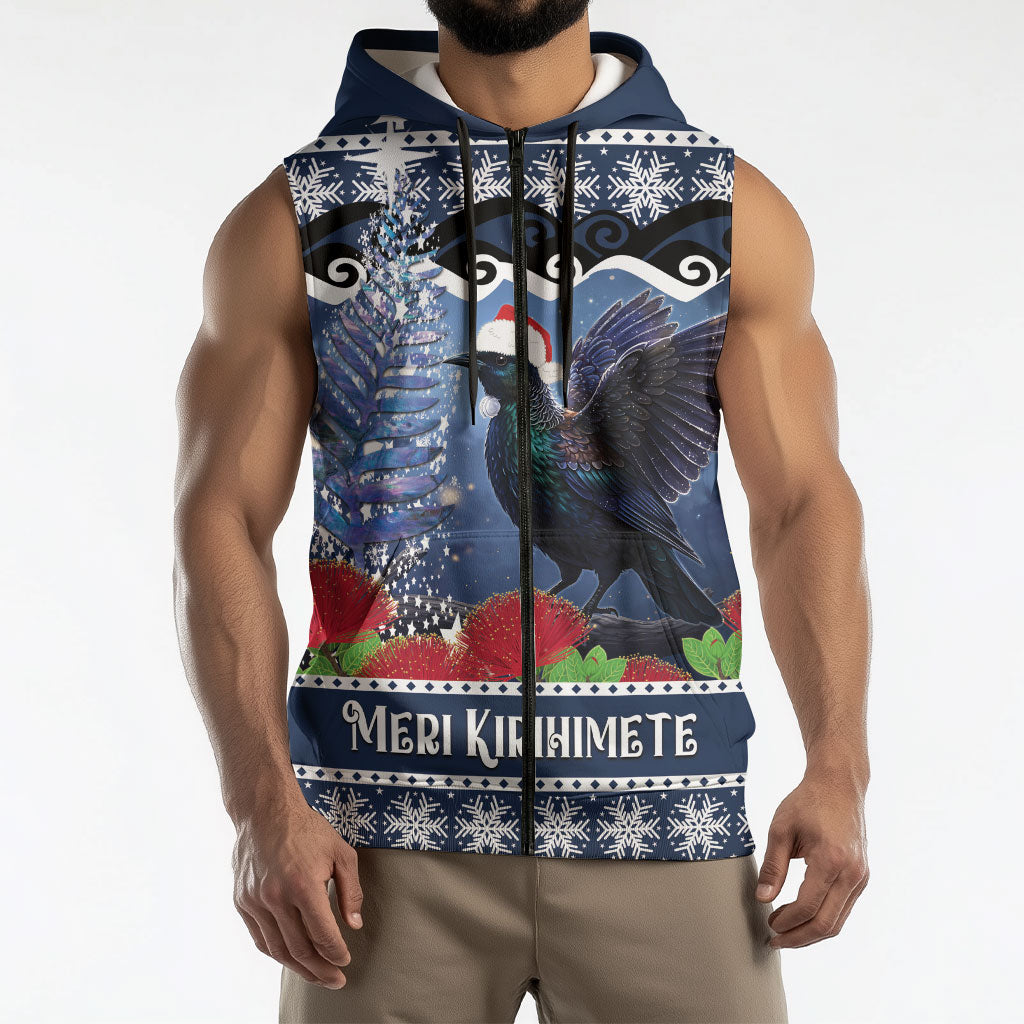 New Zealand Tui Bird Christmas Sleeveless Zip Hoodie Pohutukawa Xmas Tree Meri Kirihimete