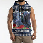 New Zealand Tui Bird Christmas Sleeveless Zip Hoodie Pohutukawa Xmas Tree Meri Kirihimete