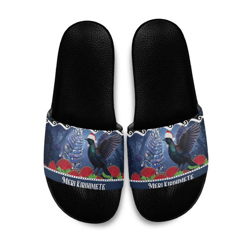 New Zealand Tui Bird Christmas Slide Sandals Pohutukawa Xmas Tree Meri Kirihimete