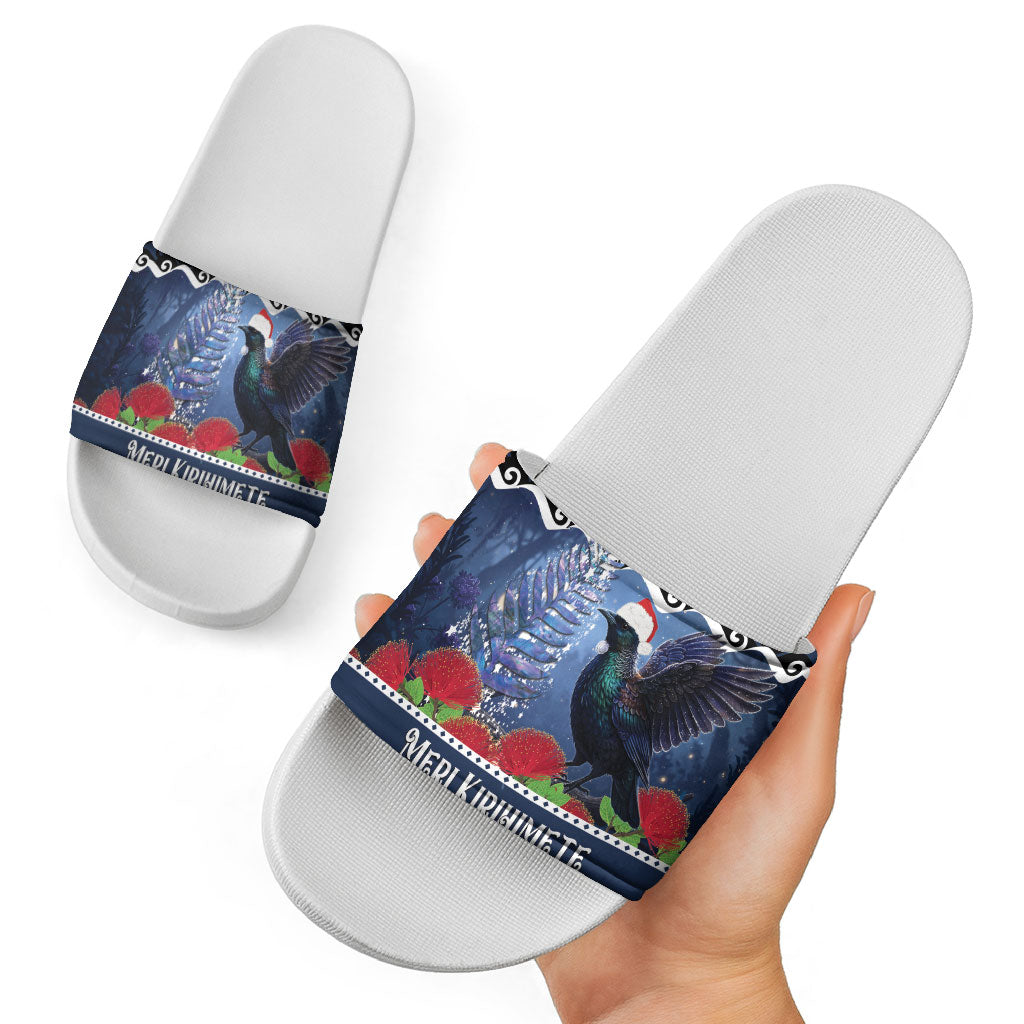 New Zealand Tui Bird Christmas Slide Sandals Pohutukawa Xmas Tree Meri Kirihimete