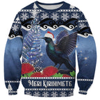 New Zealand Tui Bird Christmas Sweatshirt Pohutukawa Xmas Tree Meri Kirihimete