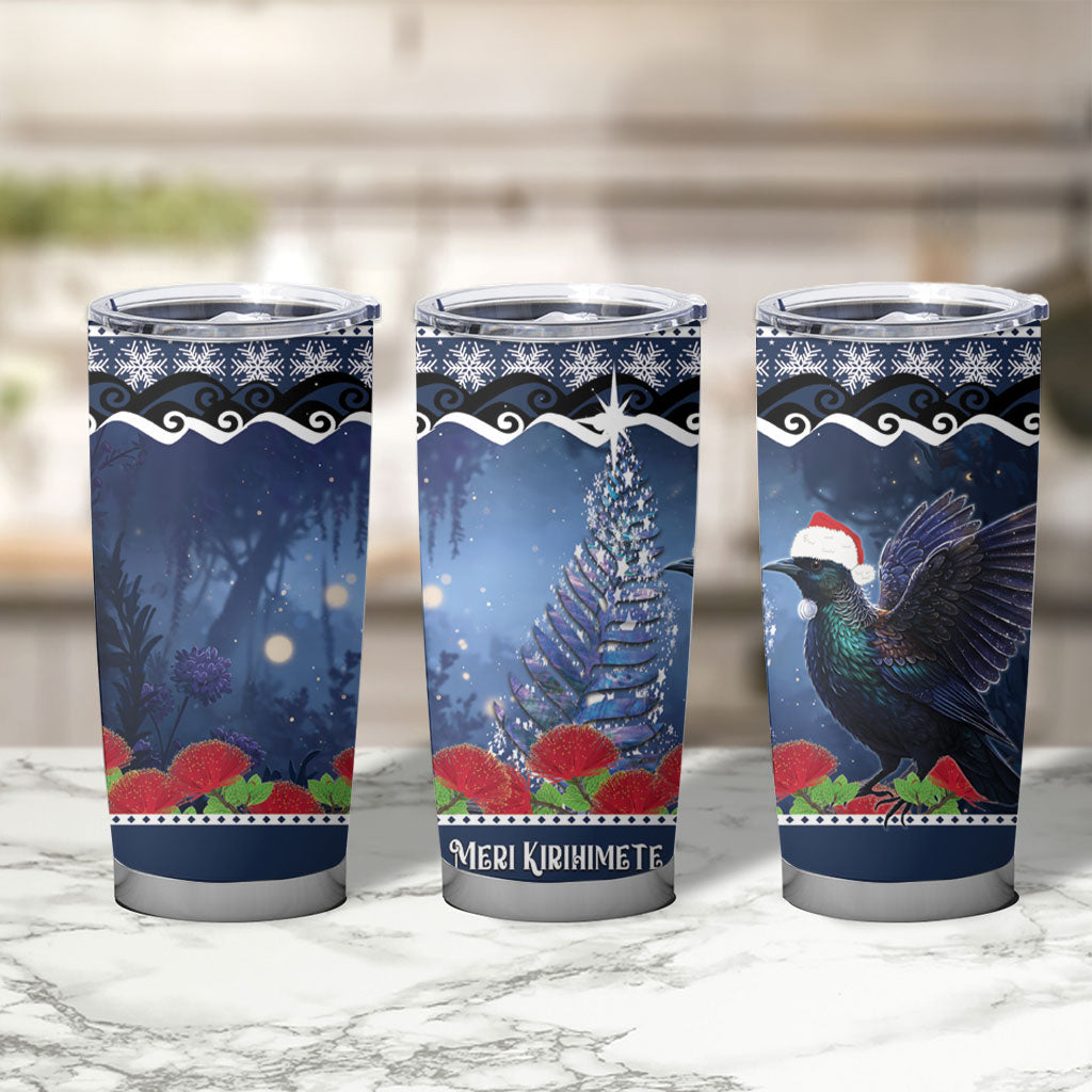 New Zealand Tui Bird Christmas Tumbler Cup Pohutukawa Xmas Tree Meri Kirihimete