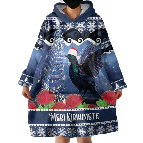 New Zealand Tui Bird Christmas Wearable Blanket Hoodie Pohutukawa Xmas Tree Meri Kirihimete