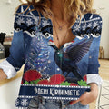 New Zealand Tui Bird Christmas Women Casual Shirt Pohutukawa Xmas Tree Meri Kirihimete