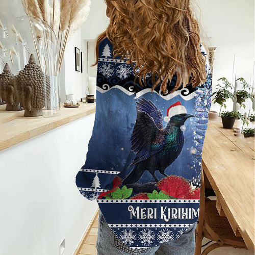 New Zealand Tui Bird Christmas Women Casual Shirt Pohutukawa Xmas Tree Meri Kirihimete