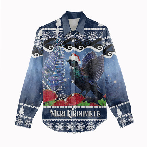 New Zealand Tui Bird Christmas Women Casual Shirt Pohutukawa Xmas Tree Meri Kirihimete