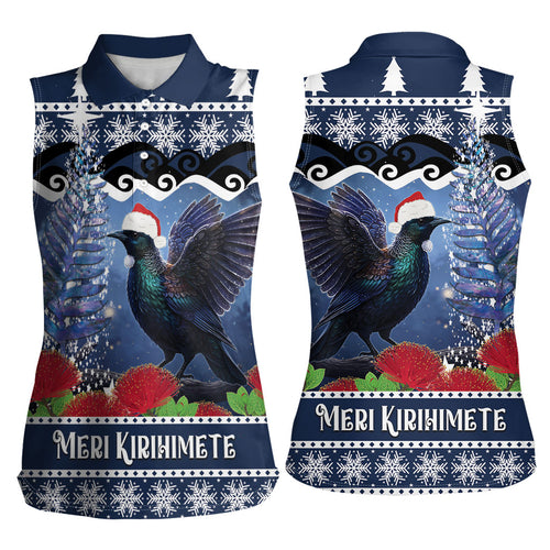 New Zealand Tui Bird Christmas Women Sleeveless Polo Shirt Pohutukawa Xmas Tree Meri Kirihimete