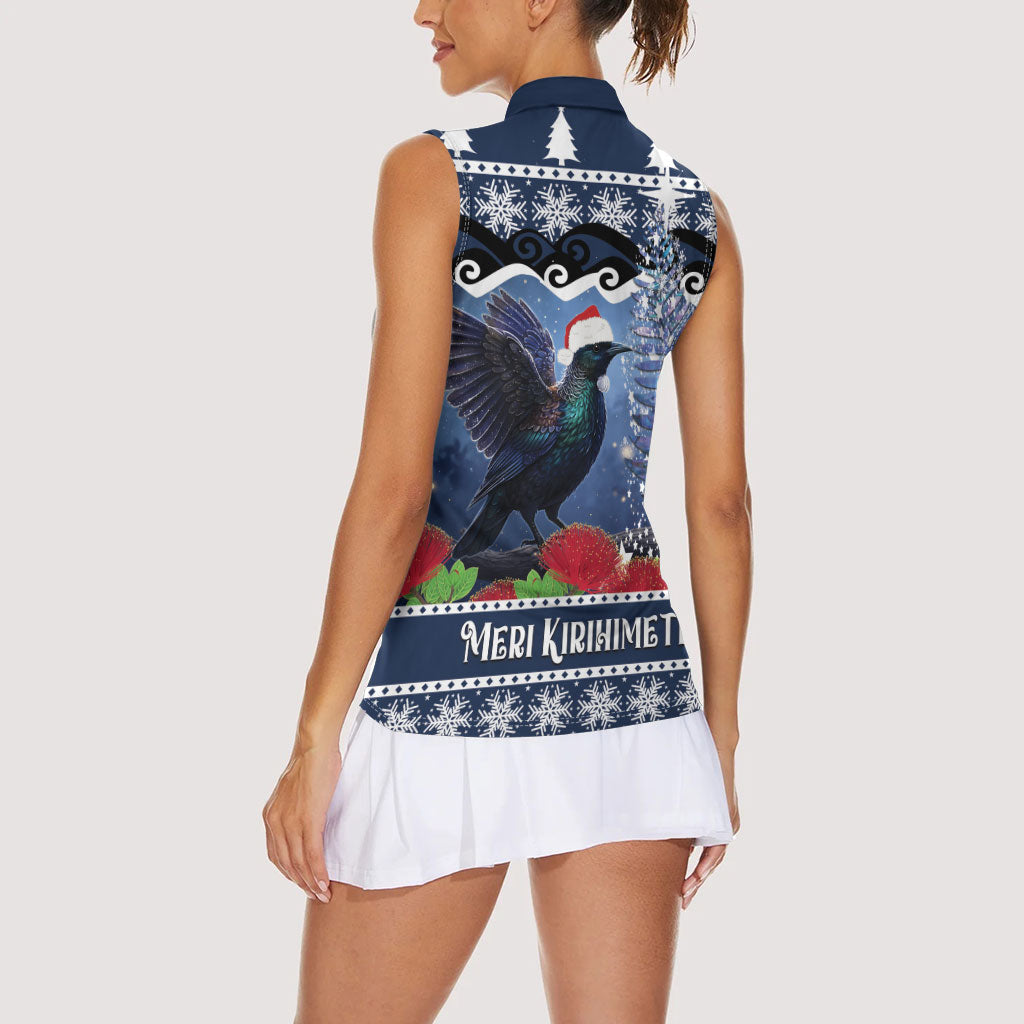 New Zealand Tui Bird Christmas Women Sleeveless Polo Shirt Pohutukawa Xmas Tree Meri Kirihimete