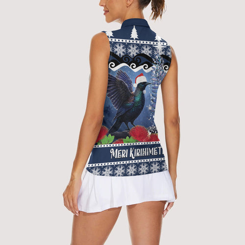 New Zealand Tui Bird Christmas Women Sleeveless Polo Shirt Pohutukawa Xmas Tree Meri Kirihimete