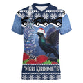 New Zealand Tui Bird Christmas Women V-Neck T-Shirt Pohutukawa Xmas Tree Meri Kirihimete