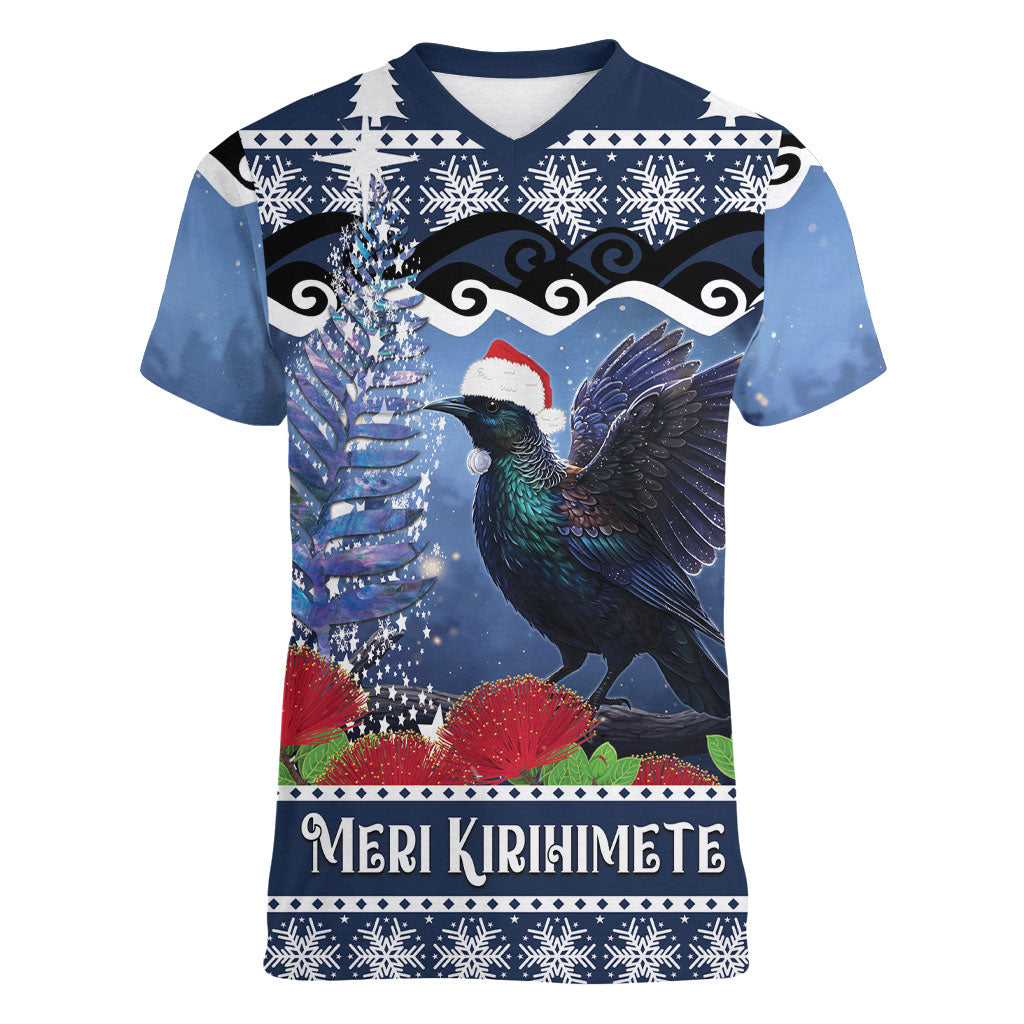 New Zealand Tui Bird Christmas Women V-Neck T-Shirt Pohutukawa Xmas Tree Meri Kirihimete