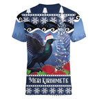 New Zealand Tui Bird Christmas Women V-Neck T-Shirt Pohutukawa Xmas Tree Meri Kirihimete