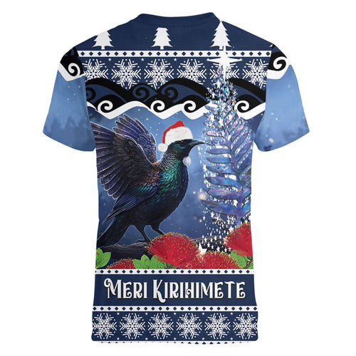 New Zealand Tui Bird Christmas Women V-Neck T-Shirt Pohutukawa Xmas Tree Meri Kirihimete