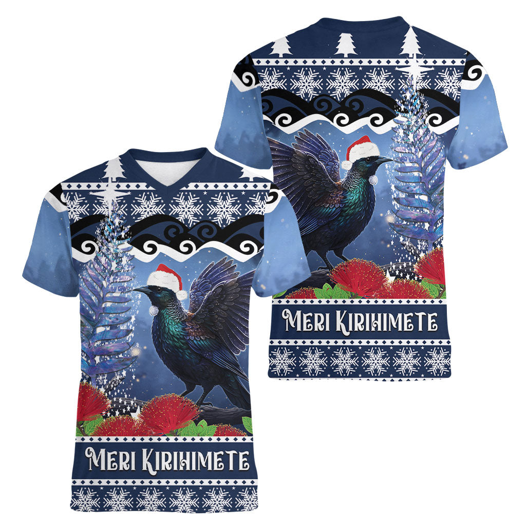 New Zealand Tui Bird Christmas Women V-Neck T-Shirt Pohutukawa Xmas Tree Meri Kirihimete