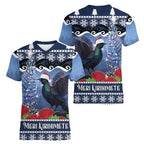 New Zealand Tui Bird Christmas Women V-Neck T-Shirt Pohutukawa Xmas Tree Meri Kirihimete