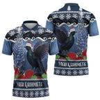 New Zealand Tui Bird Christmas Zipper Polo Shirt Pohutukawa Xmas Tree Meri Kirihimete