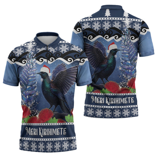 New Zealand Tui Bird Christmas Zipper Polo Shirt Pohutukawa Xmas Tree Meri Kirihimete