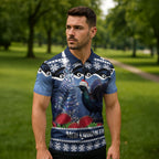 New Zealand Tui Bird Christmas Zipper Polo Shirt Pohutukawa Xmas Tree Meri Kirihimete