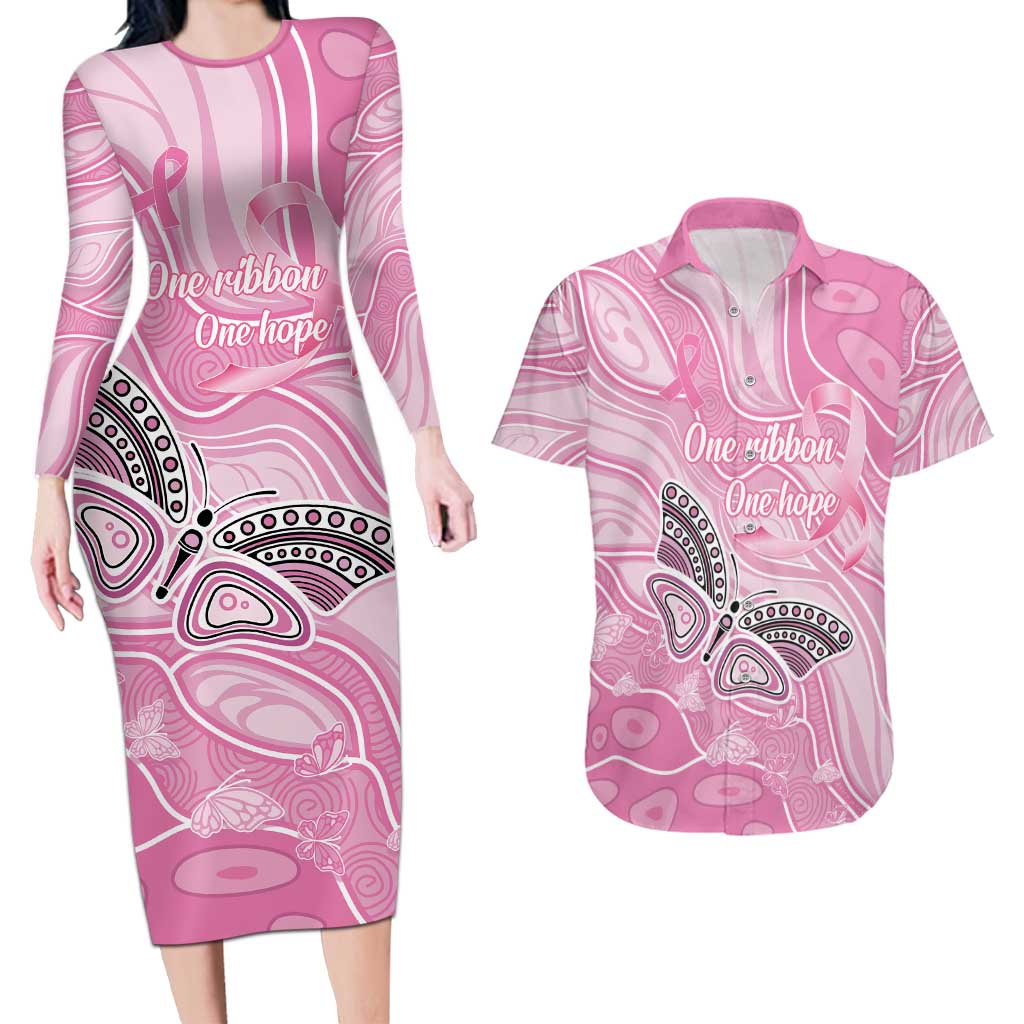 Australia Breast Cancer Awareness Personalised Couples Matching Long Sleeve Bodycon Dress and Hawaiian Shirt Butterfly Pink Ribbon Aboriginal Art