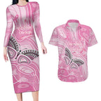 Australia Breast Cancer Awareness Personalised Couples Matching Long Sleeve Bodycon Dress and Hawaiian Shirt Butterfly Pink Ribbon Aboriginal Art