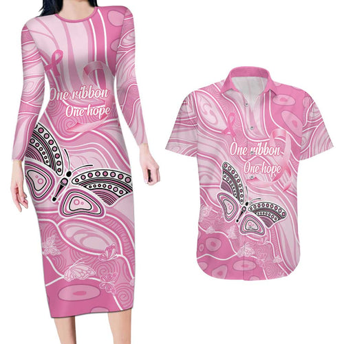 Australia Breast Cancer Awareness Personalised Couples Matching Long Sleeve Bodycon Dress and Hawaiian Shirt Butterfly Pink Ribbon Aboriginal Art